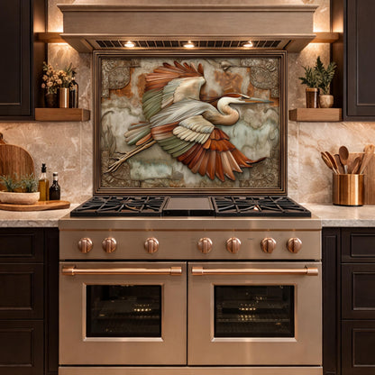 Blue Heron Flight Tempered Glass Backsplash, Copper Look Wetland Bird Wall Panel, Custom Size