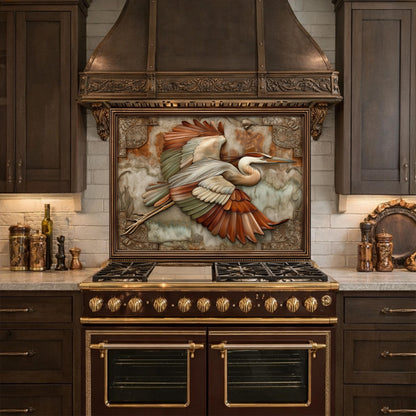 Blue Heron Flight Tempered Glass Backsplash, Copper Look Wetland Bird Wall Panel, Custom Size