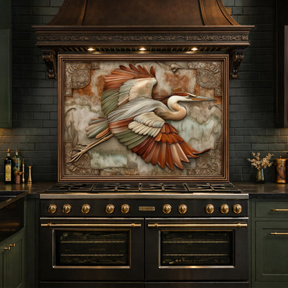 Blue Heron Flight Tempered Glass Backsplash, Copper Look Wetland Bird Wall Panel, Custom Size