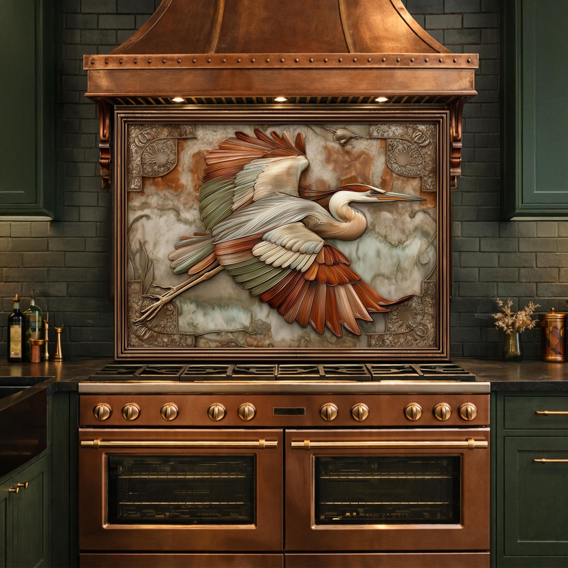 Blue Heron Flight Tempered Glass Backsplash, Copper Look Wetland Bird Wall Panel, Custom Size