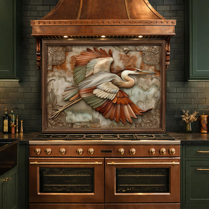 Blue Heron Flight Tempered Glass Backsplash, Copper Look Wetland Bird Wall Panel, Custom Size