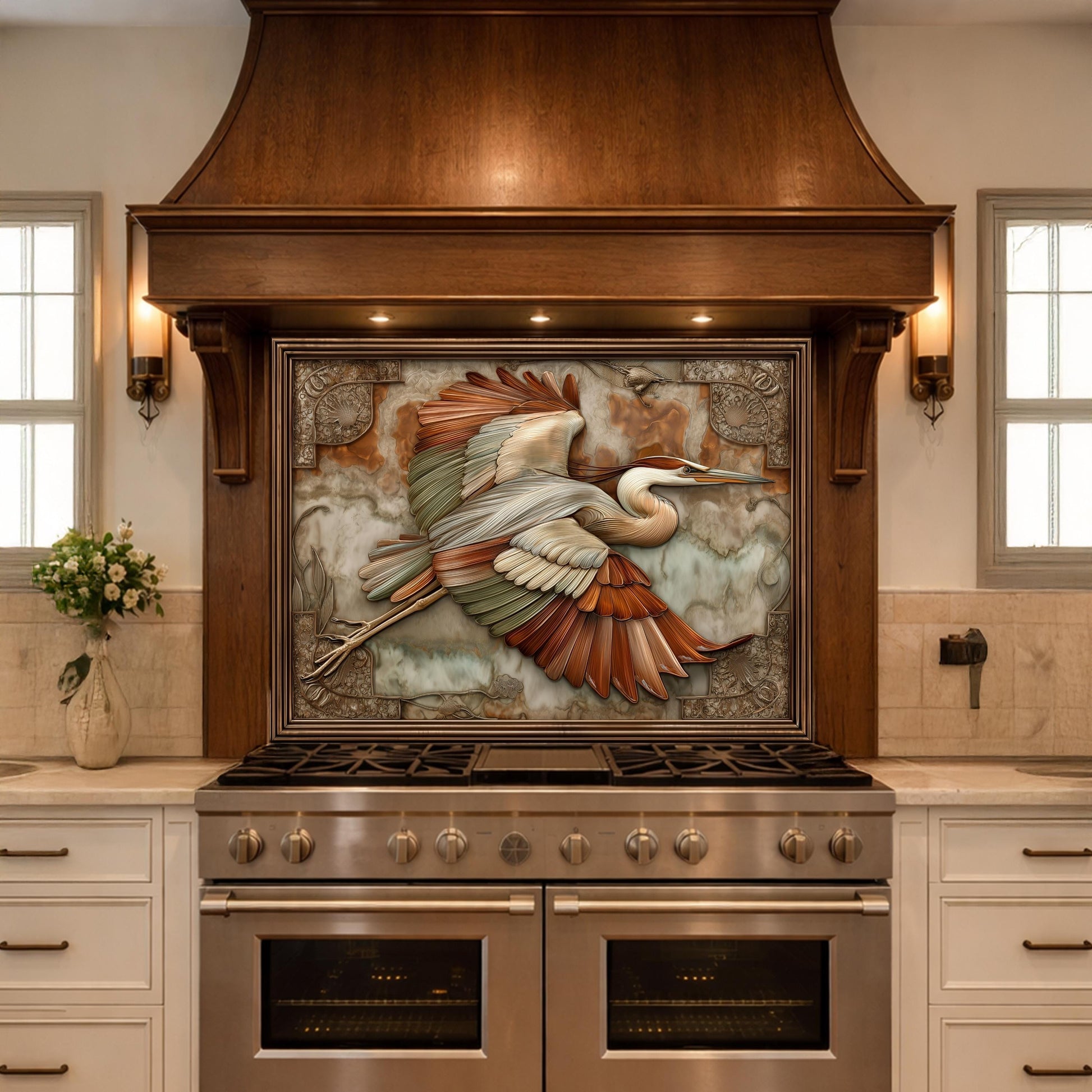 Blue Heron Flight Tempered Glass Backsplash, Copper Look Wetland Bird Wall Panel, Custom Size