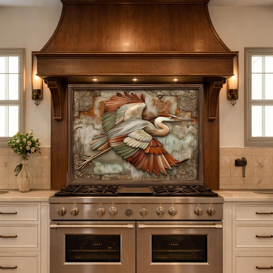 Blue Heron Flight Tempered Glass Backsplash, Copper Look Wetland Bird Wall Panel, Custom Size