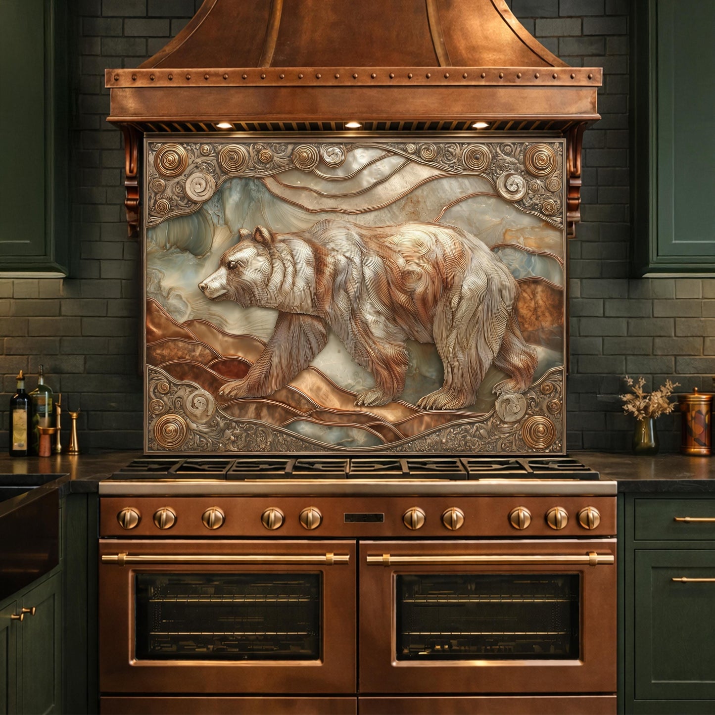 Grizzly Bear Tempered Glass Backsplash, Copper Look Wildlife Mountain Wall Panel, Custom Size