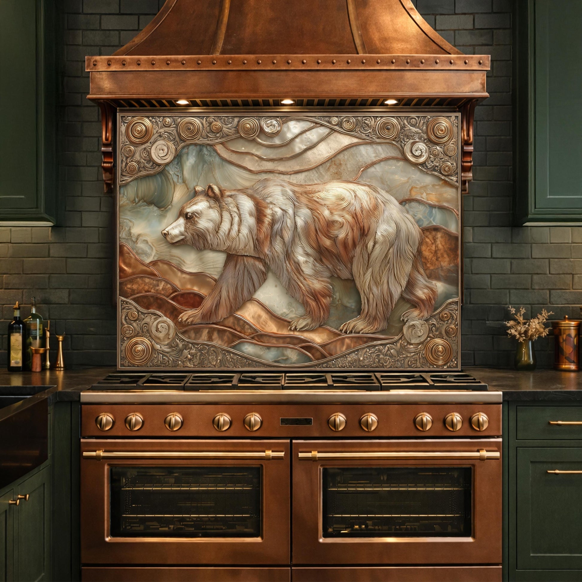 Grizzly Bear Tempered Glass Backsplash, Copper Look Wildlife Mountain Wall Panel, Custom Size