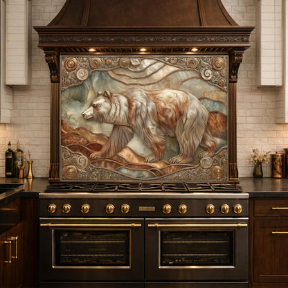Grizzly Bear Tempered Glass Backsplash, Copper Look Wildlife Mountain Wall Panel, Custom Size