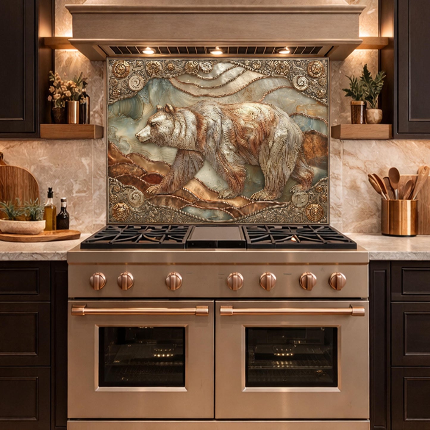 Grizzly Bear Tempered Glass Backsplash, Copper Look Wildlife Mountain Wall Panel, Custom Size