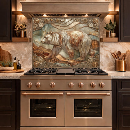 Grizzly Bear Tempered Glass Backsplash, Copper Look Wildlife Mountain Wall Panel, Custom Size