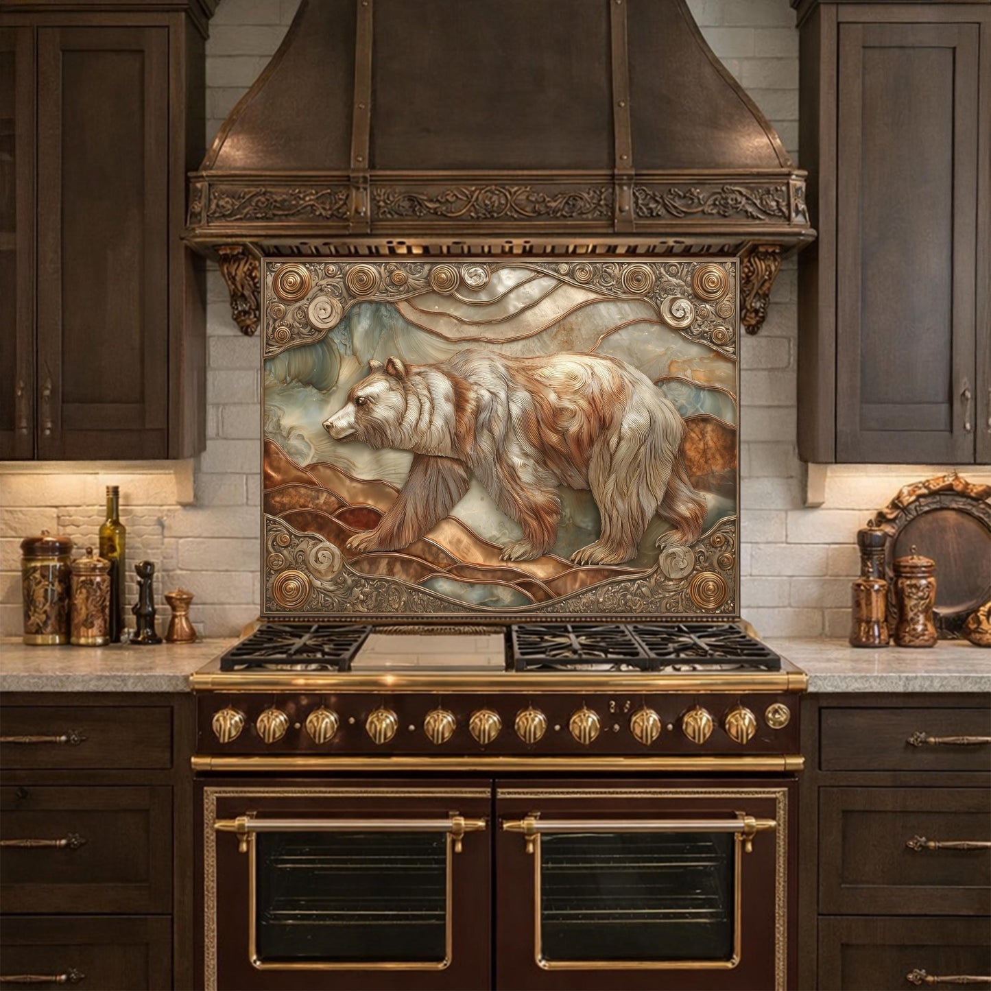 Grizzly Bear Tempered Glass Backsplash, Copper Look Wildlife Mountain Wall Panel, Custom Size