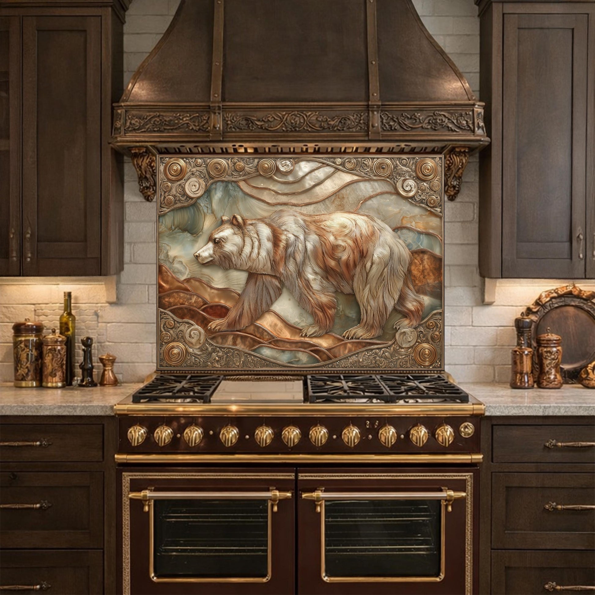 Grizzly Bear Tempered Glass Backsplash, Copper Look Wildlife Mountain Wall Panel, Custom Size