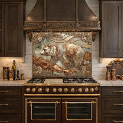 Grizzly Bear Tempered Glass Backsplash, Copper Look Wildlife Mountain Wall Panel, Custom Size