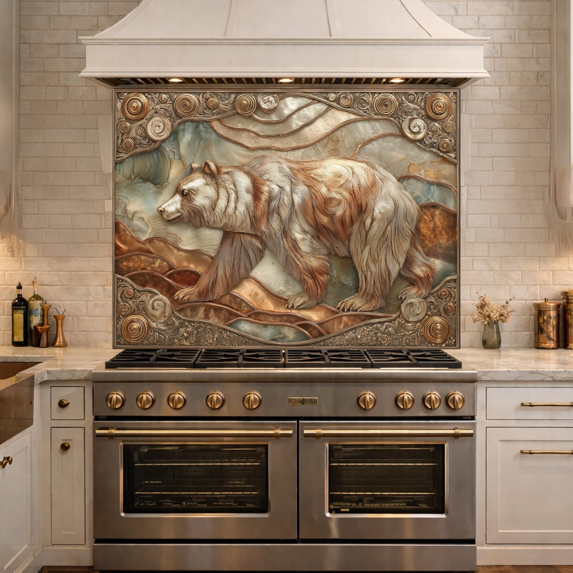 Grizzly Bear Tempered Glass Backsplash, Copper Look Wildlife Mountain Wall Panel, Custom Size