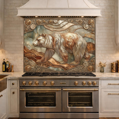 Grizzly Bear Tempered Glass Backsplash, Copper Look Wildlife Mountain Wall Panel, Custom Size