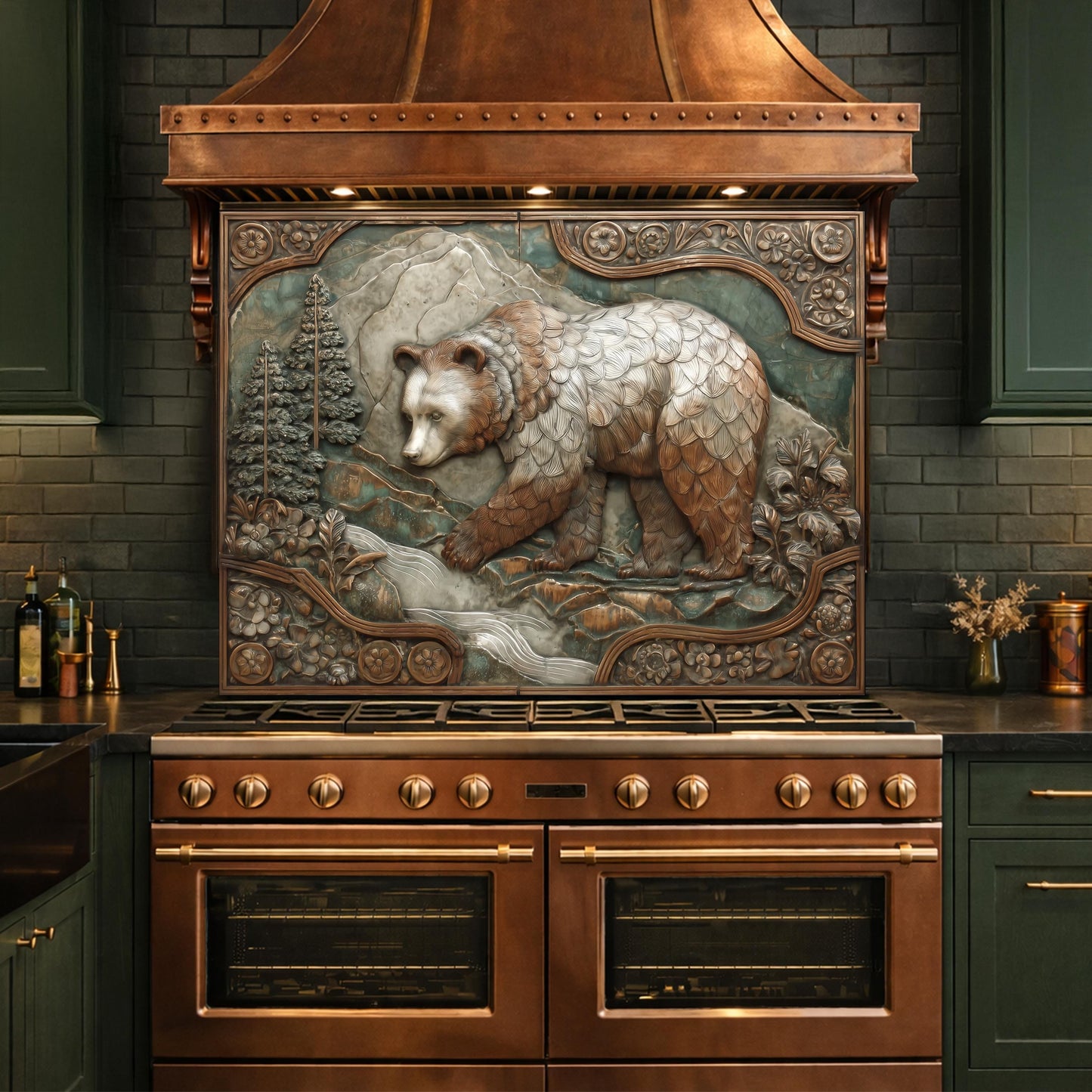 Mountain Stream Tempered Glass Backsplash, Copper Look Grizzly Bear Wall Panel, Custom Size