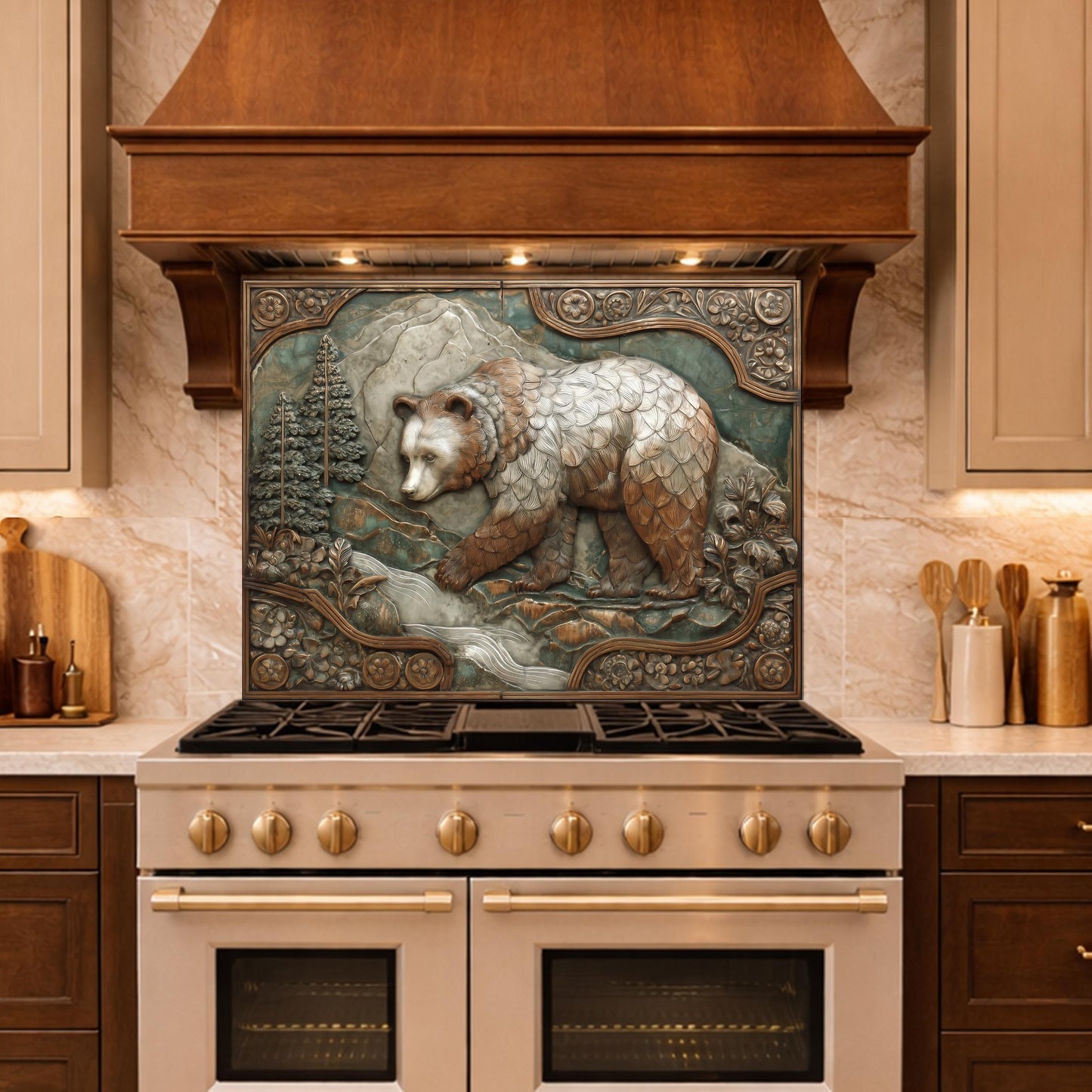 Mountain Stream Tempered Glass Backsplash, Copper Look Grizzly Bear Wall Panel, Custom Size