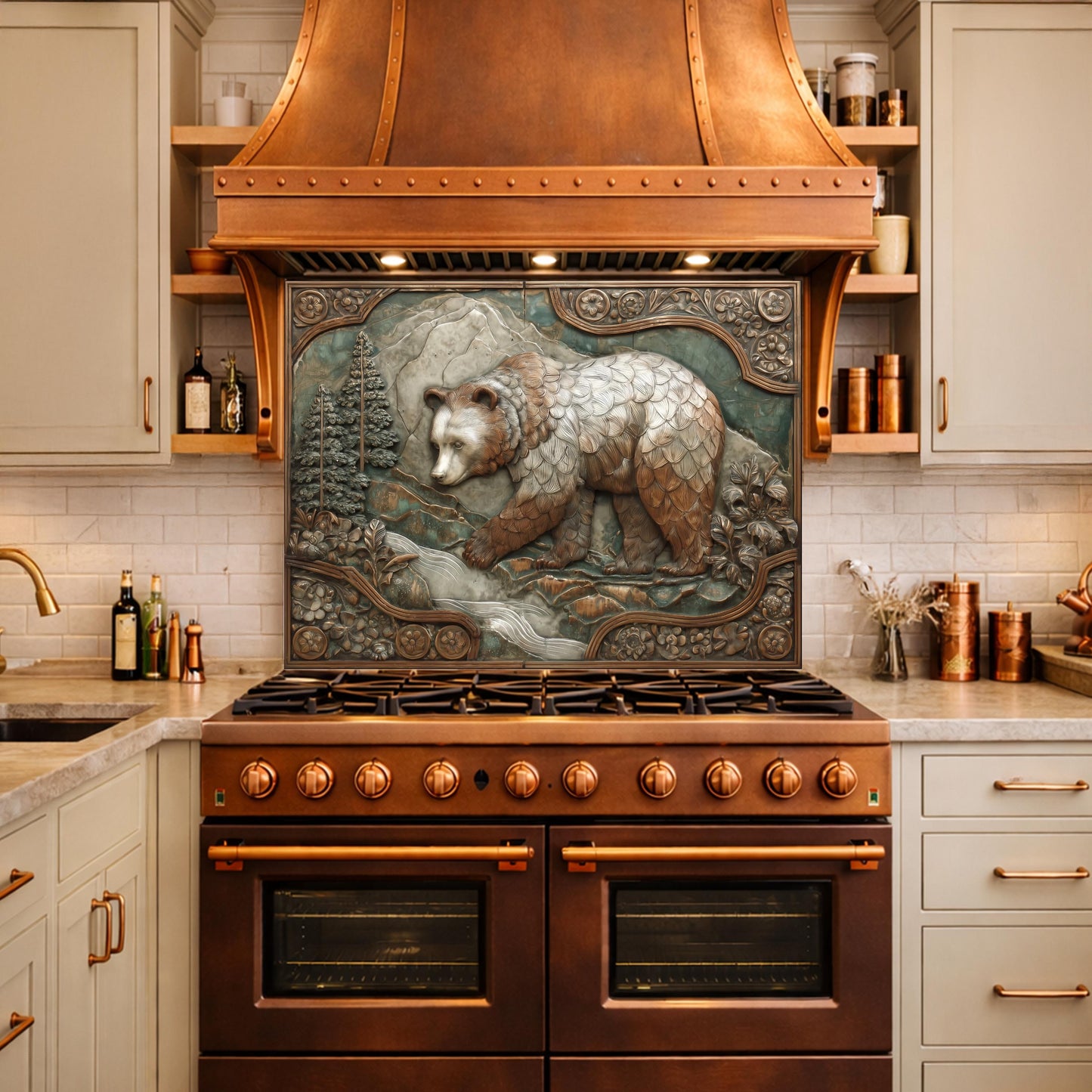 Mountain Stream Tempered Glass Backsplash, Copper Look Grizzly Bear Wall Panel, Custom Size