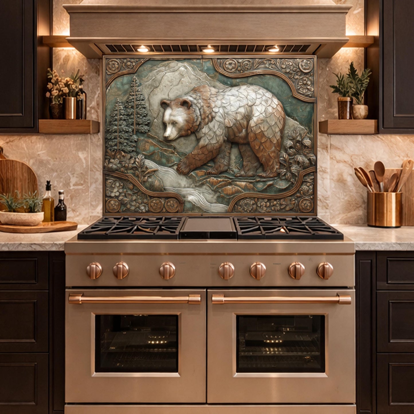 Mountain Stream Tempered Glass Backsplash, Copper Look Grizzly Bear Wall Panel, Custom Size