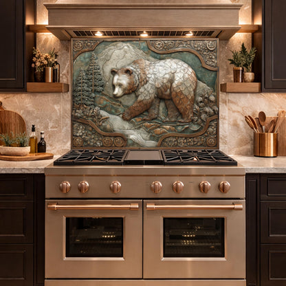 Mountain Stream Tempered Glass Backsplash, Copper Look Grizzly Bear Wall Panel, Custom Size