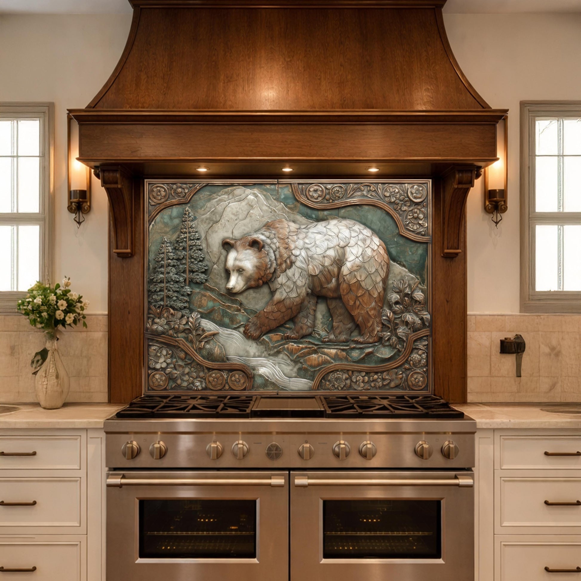 Mountain Stream Tempered Glass Backsplash, Copper Look Grizzly Bear Wall Panel, Custom Size