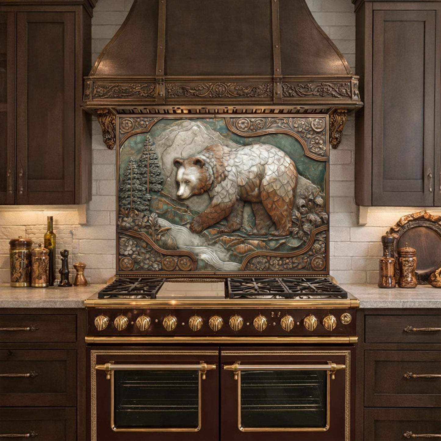 Mountain Stream Tempered Glass Backsplash, Copper Look Grizzly Bear Wall Panel, Custom Size