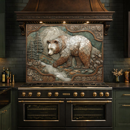 Mountain Stream Tempered Glass Backsplash, Copper Look Grizzly Bear Wall Panel, Custom Size