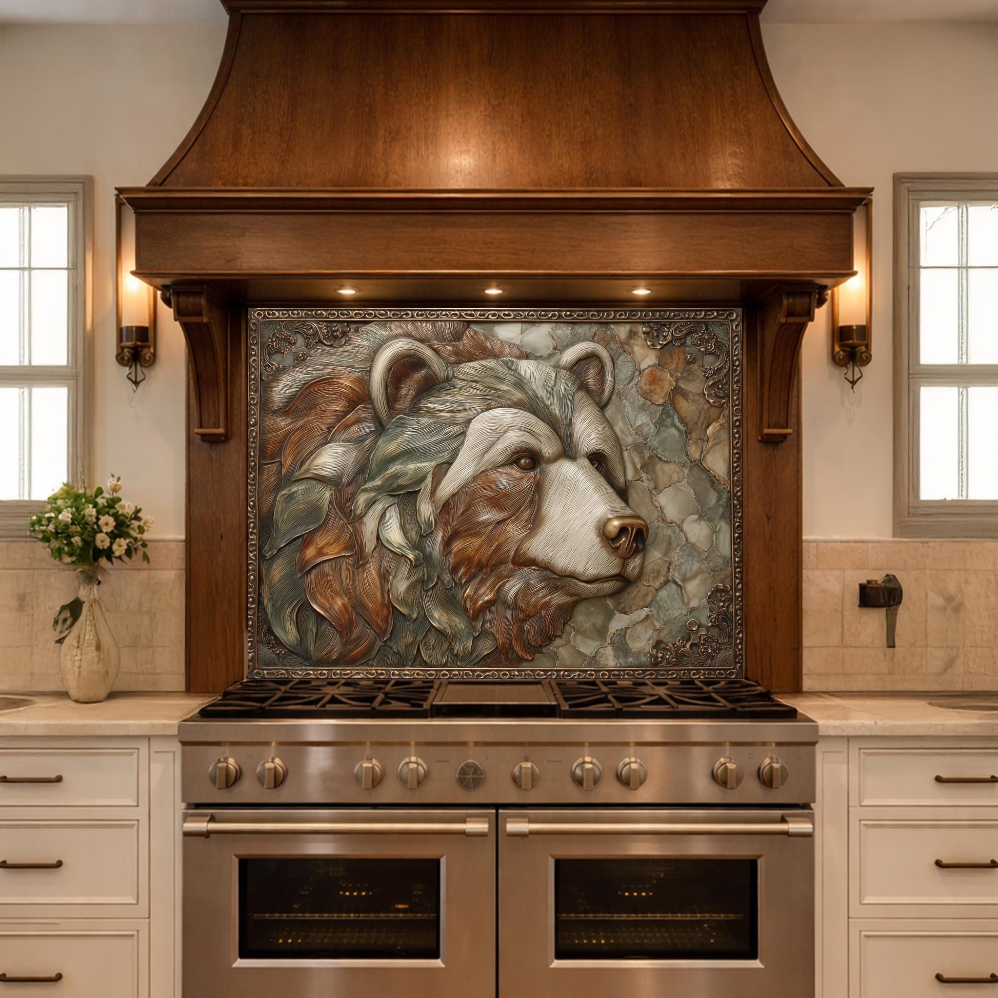 Mountain Peak Tempered Glass Backsplash, Copper Look Snowy Alpine Wall Panel, Custom Size