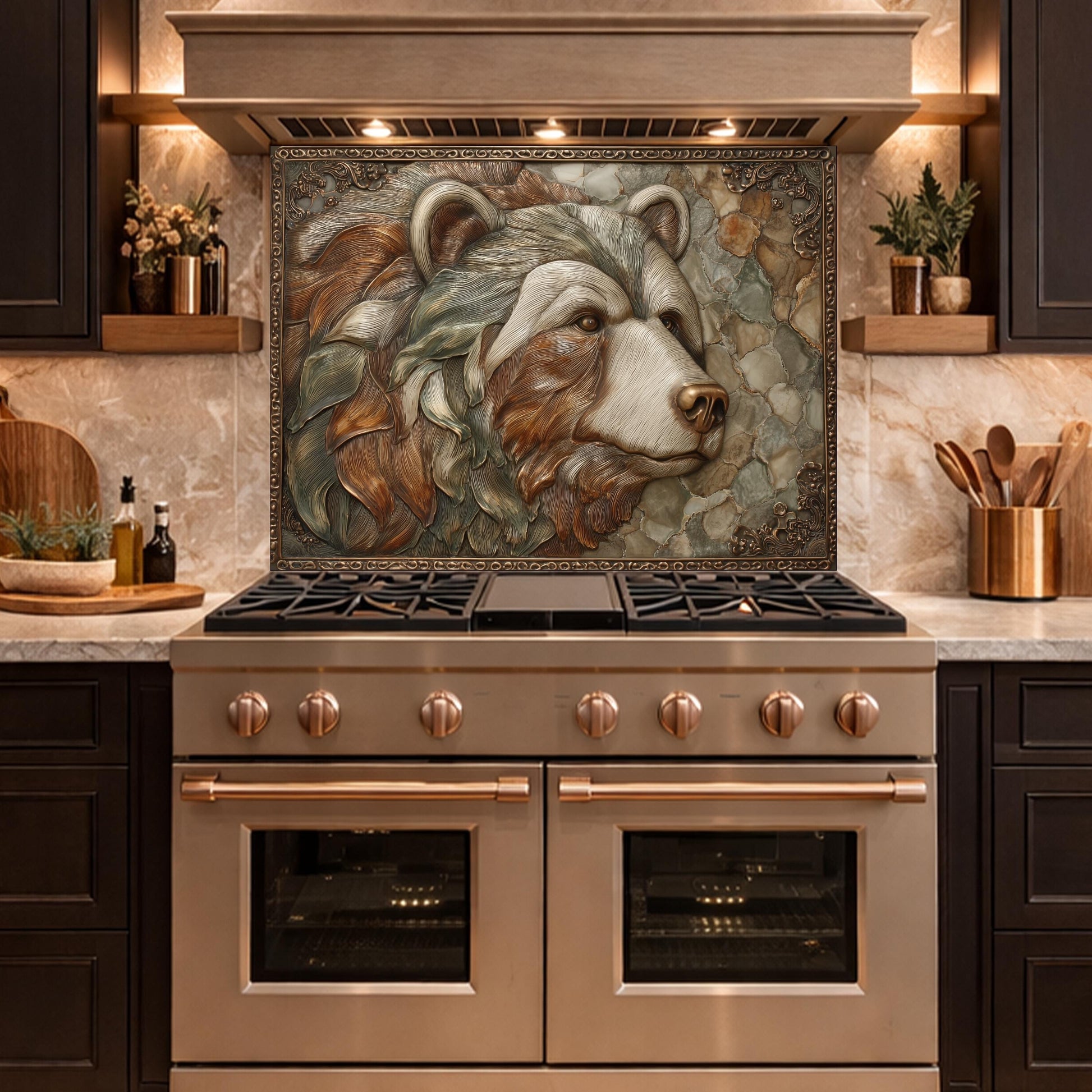 Mountain Peak Tempered Glass Backsplash, Copper Look Snowy Alpine Wall Panel, Custom Size