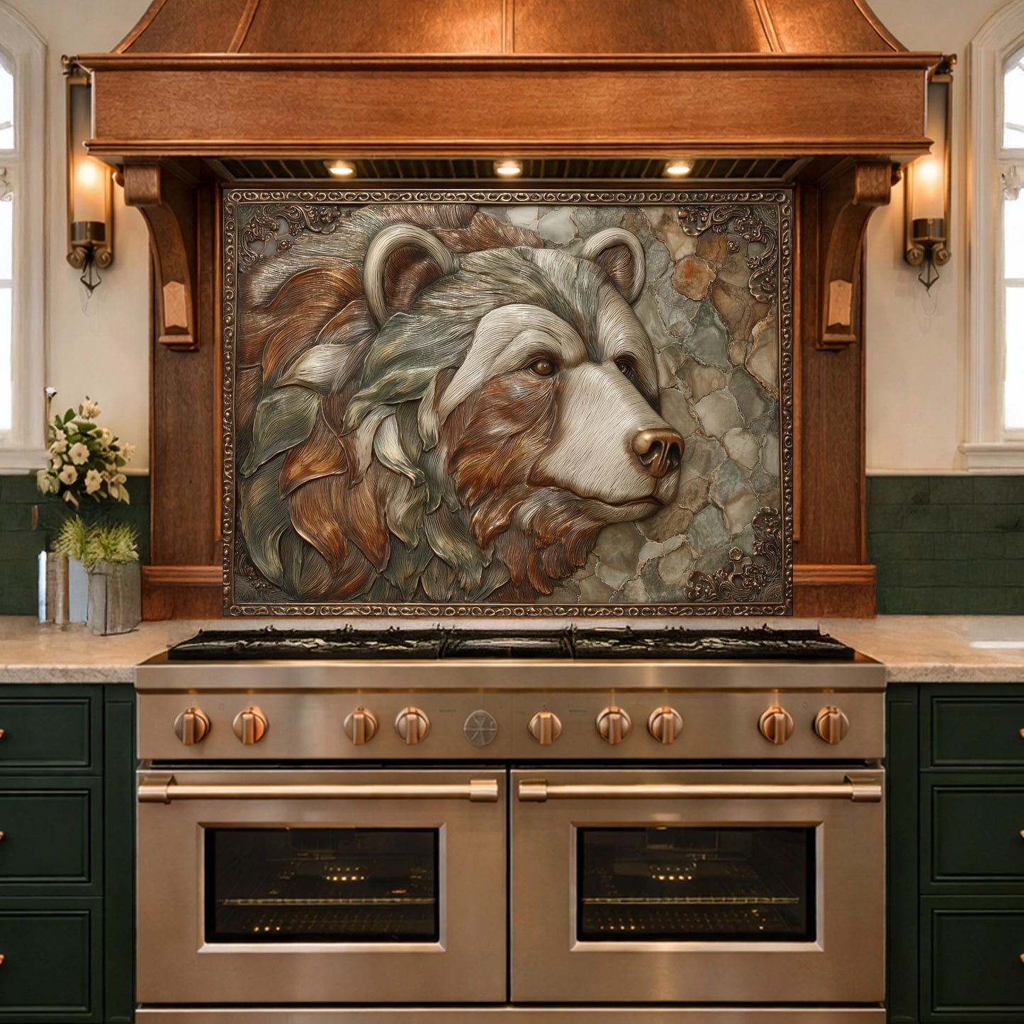 Mountain Peak Tempered Glass Backsplash, Copper Look Snowy Alpine Wall Panel, Custom Size