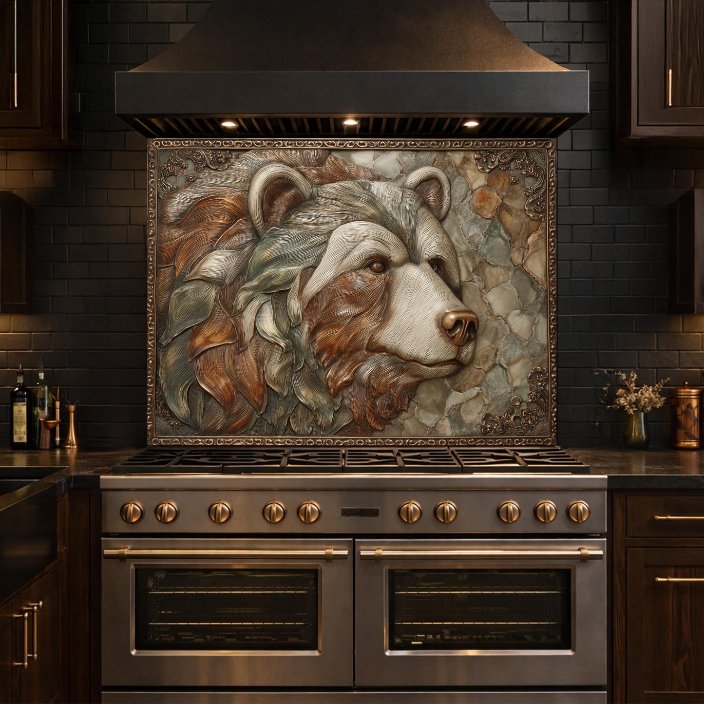 Mountain Peak Tempered Glass Backsplash, Copper Look Snowy Alpine Wall Panel, Custom Size