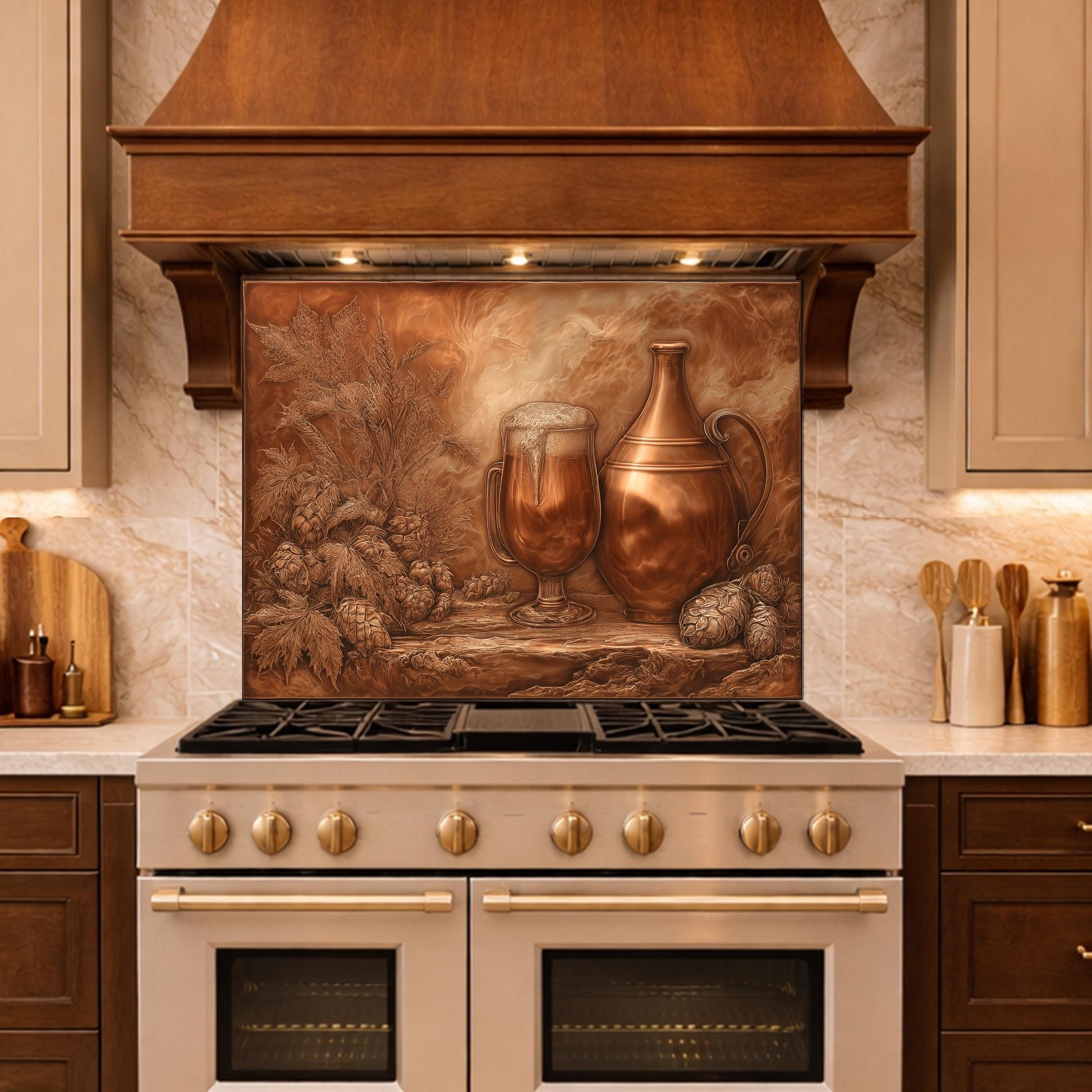 Vintage Barware Tempered Glass Backsplash, Copper Look Hops and Ale Wall Panel, Custom Size