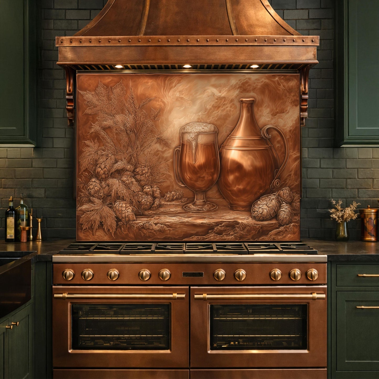 Vintage Barware Tempered Glass Backsplash, Copper Look Hops and Ale Wall Panel, Custom Size