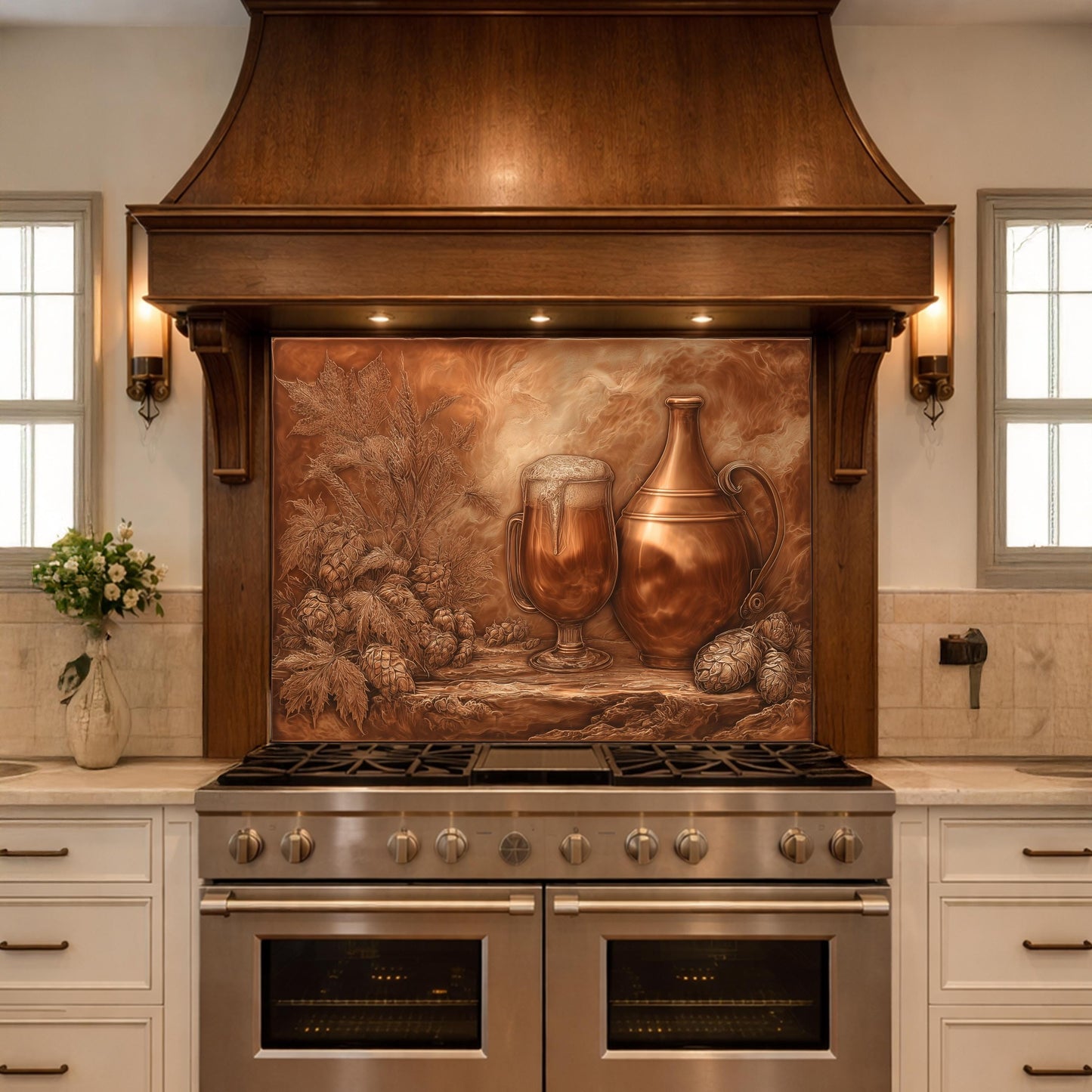 Vintage Barware Tempered Glass Backsplash, Copper Look Hops and Ale Wall Panel, Custom Size