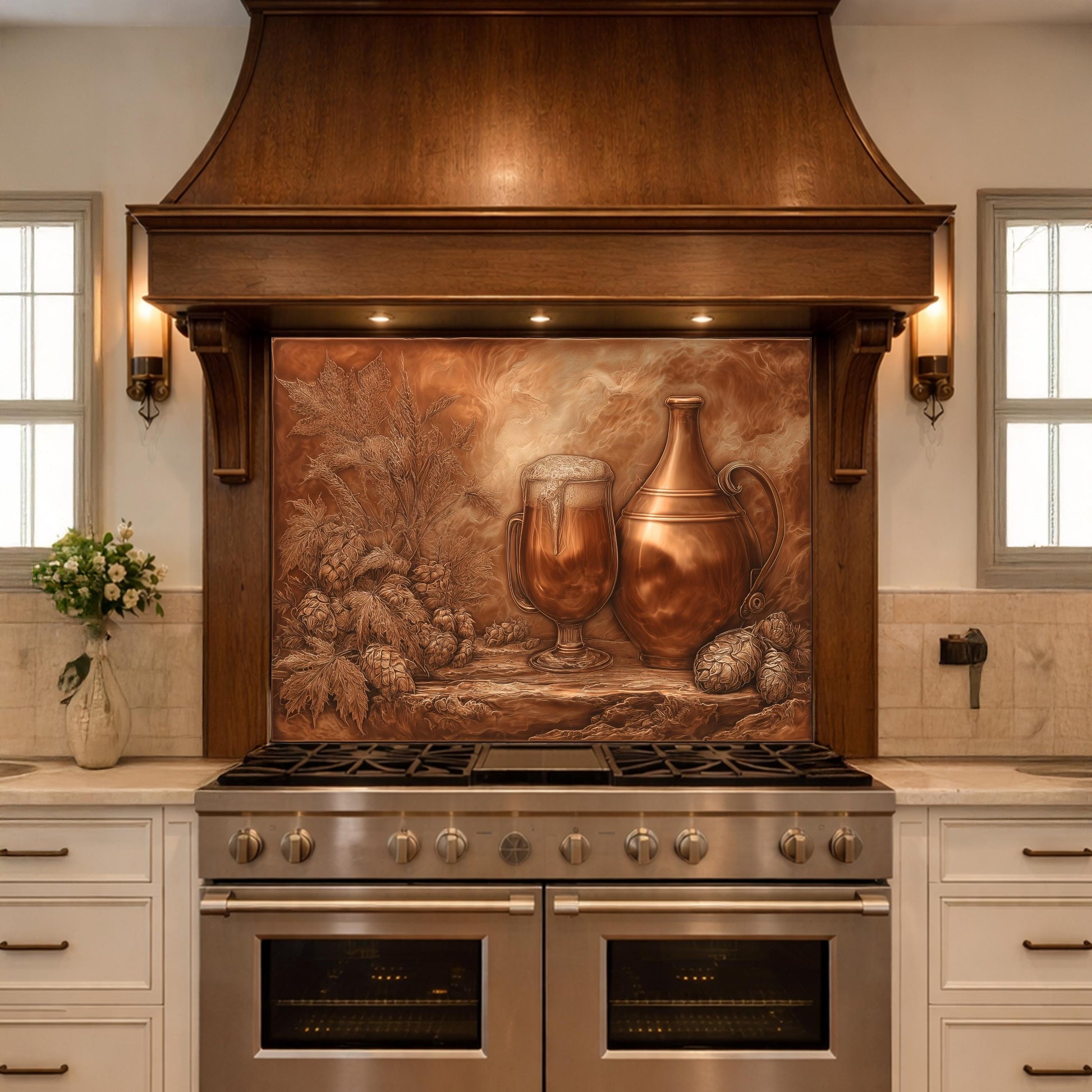 Vintage Barware Tempered Glass Backsplash, Copper Look Hops and Ale Wall Panel, Custom Size