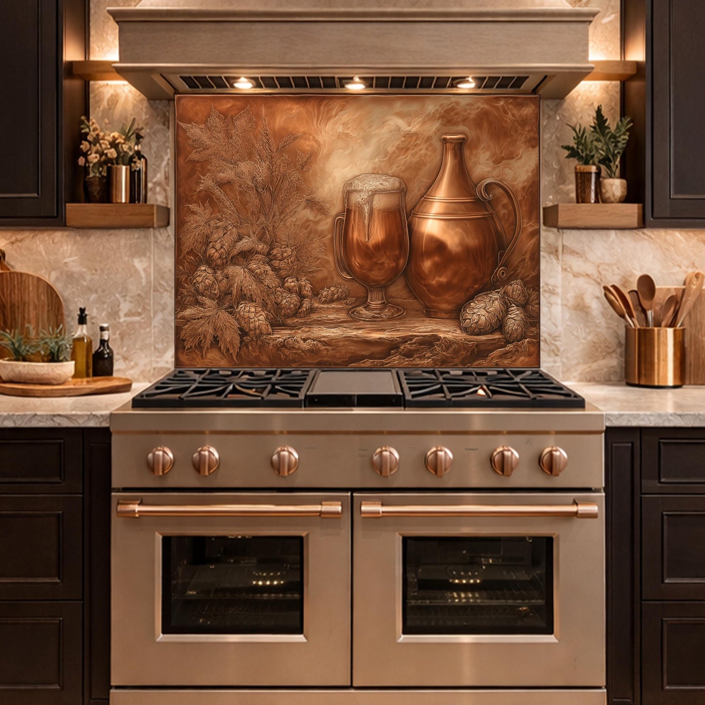 Vintage Barware Tempered Glass Backsplash, Copper Look Hops and Ale Wall Panel, Custom Size