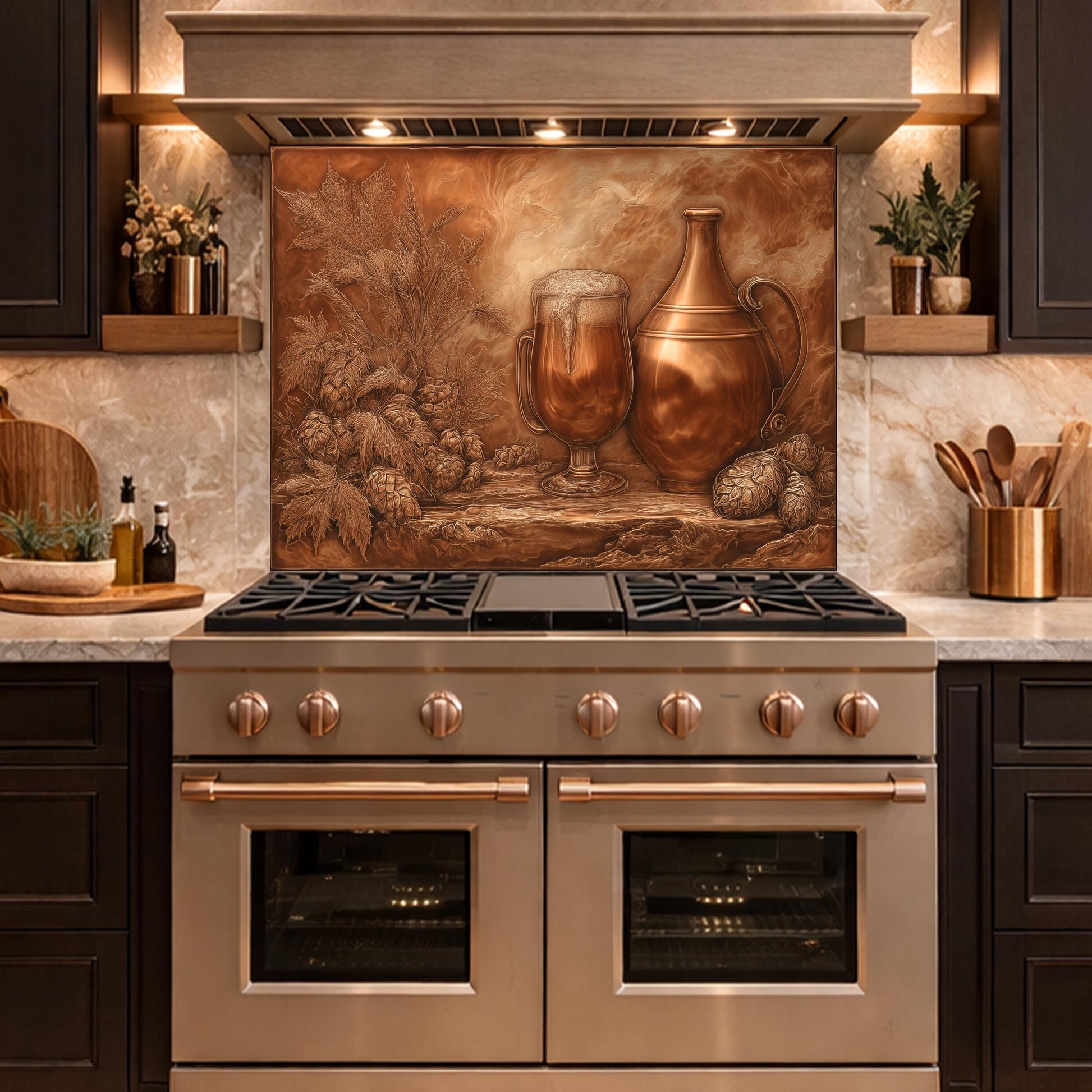 Vintage Barware Tempered Glass Backsplash, Copper Look Hops and Ale Wall Panel, Custom Size