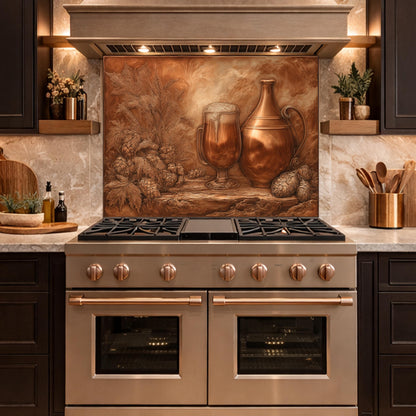 Vintage Barware Tempered Glass Backsplash, Copper Look Hops and Ale Wall Panel, Custom Size