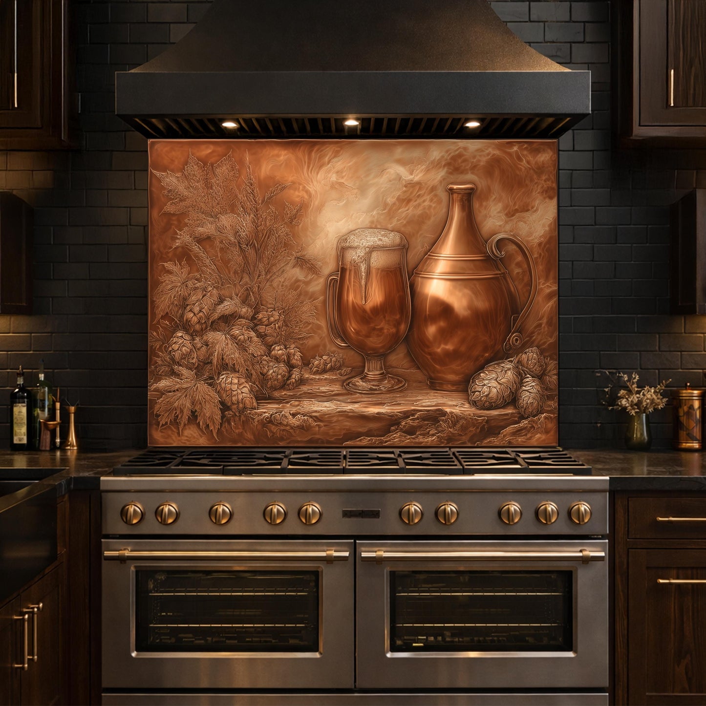 Vintage Barware Tempered Glass Backsplash, Copper Look Hops and Ale Wall Panel, Custom Size