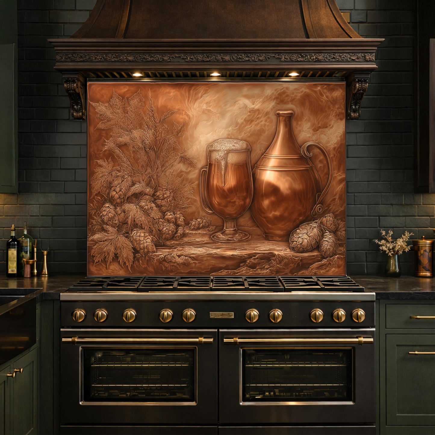 Vintage Barware Tempered Glass Backsplash, Copper Look Hops and Ale Wall Panel, Custom Size