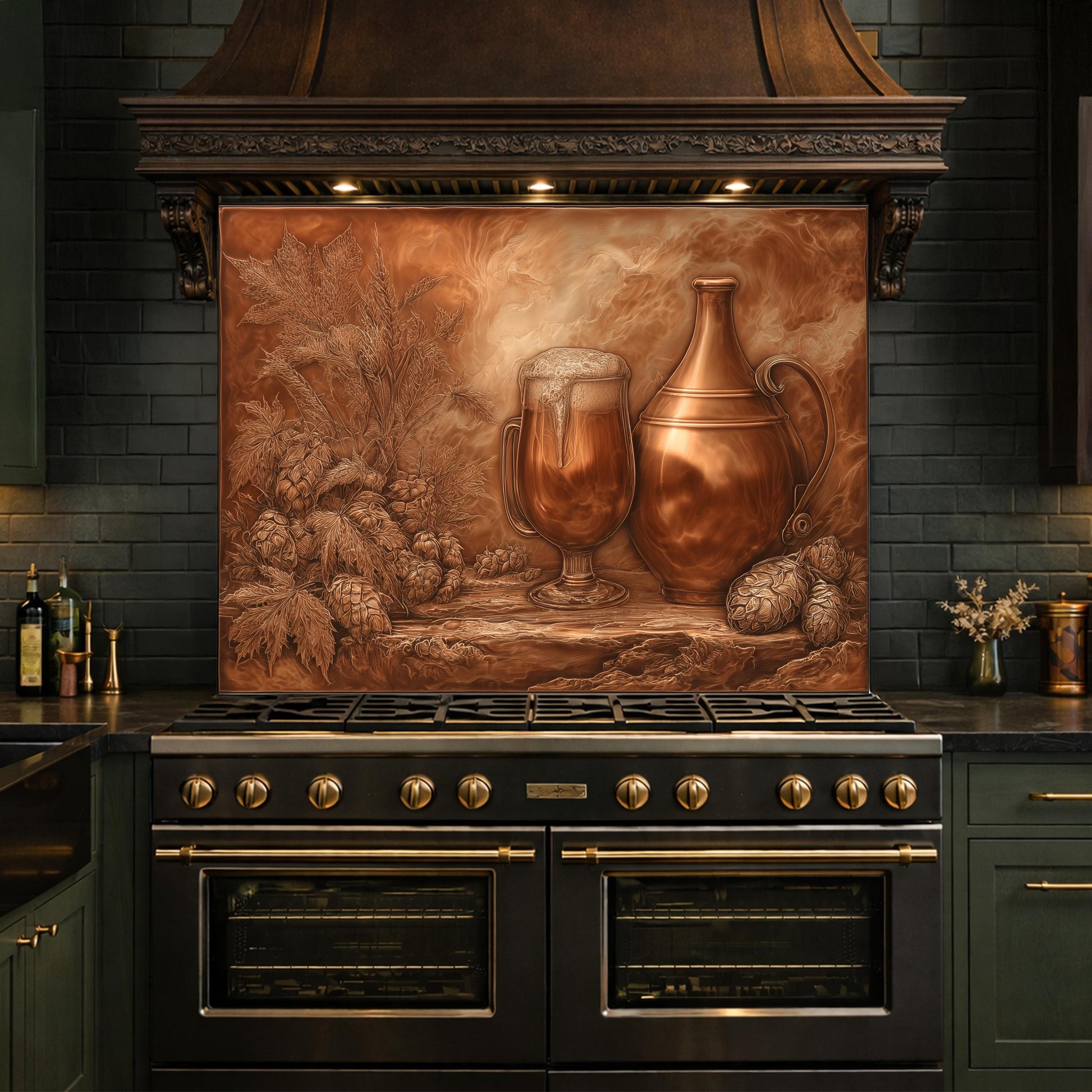 Vintage Barware Tempered Glass Backsplash, Copper Look Hops and Ale Wall Panel, Custom Size