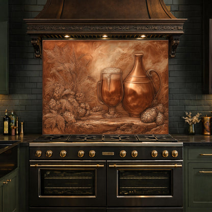 Vintage Barware Tempered Glass Backsplash, Copper Look Hops and Ale Wall Panel, Custom Size