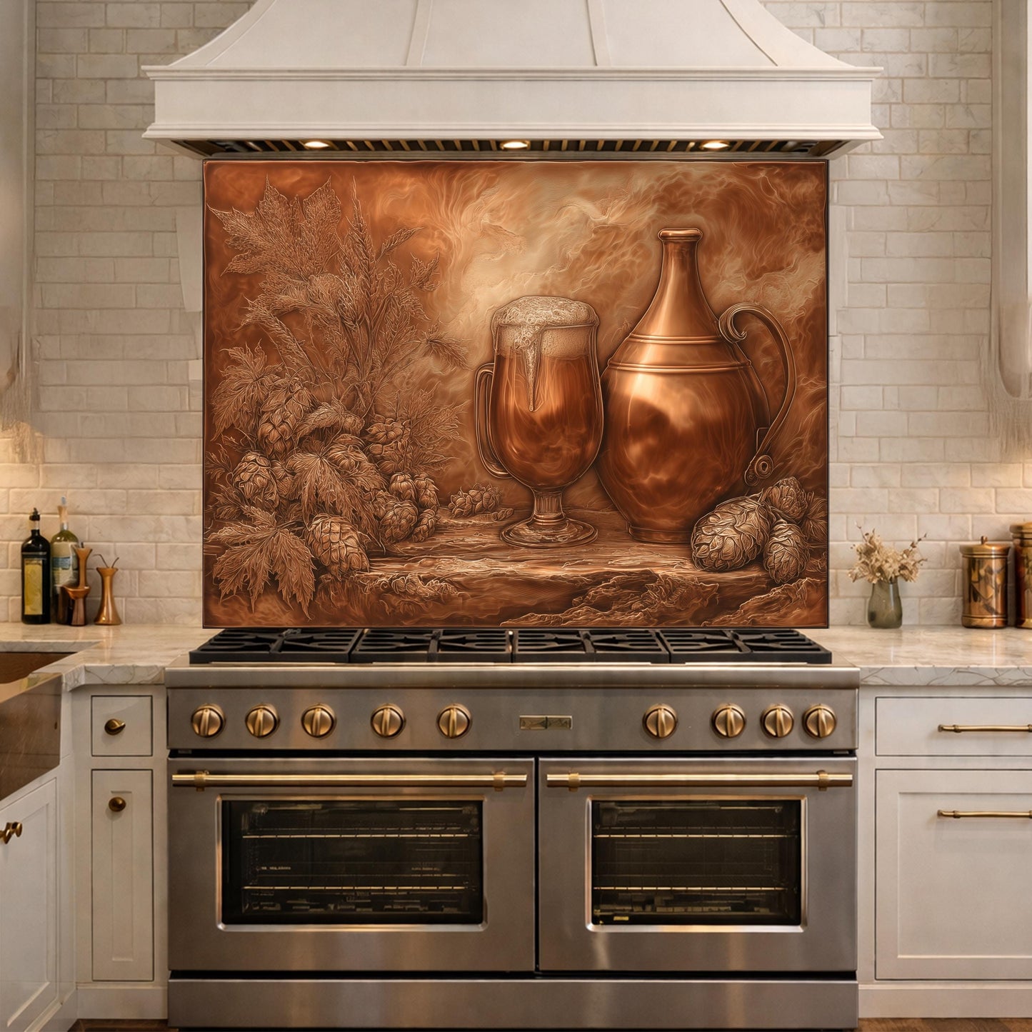 Vintage Barware Tempered Glass Backsplash, Copper Look Hops and Ale Wall Panel, Custom Size
