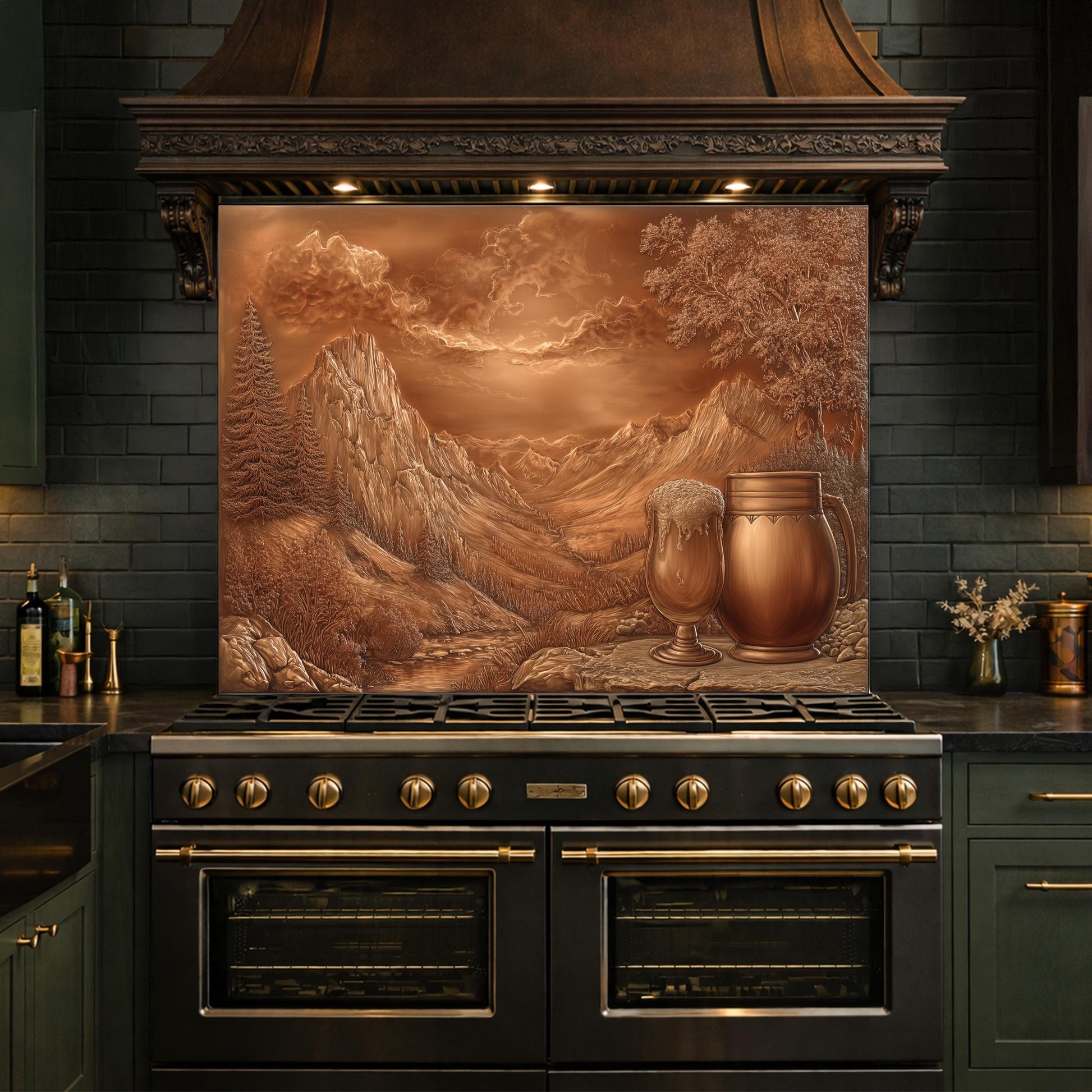 Alpine Peak Tempered Glass Backsplash, Copper Look Mountain Wall Panel, Custom Size