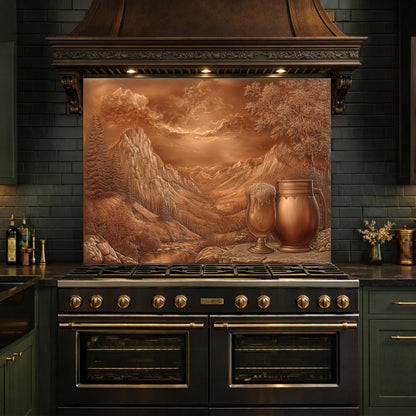 Alpine Peak Tempered Glass Backsplash, Copper Look Mountain Wall Panel, Custom Size