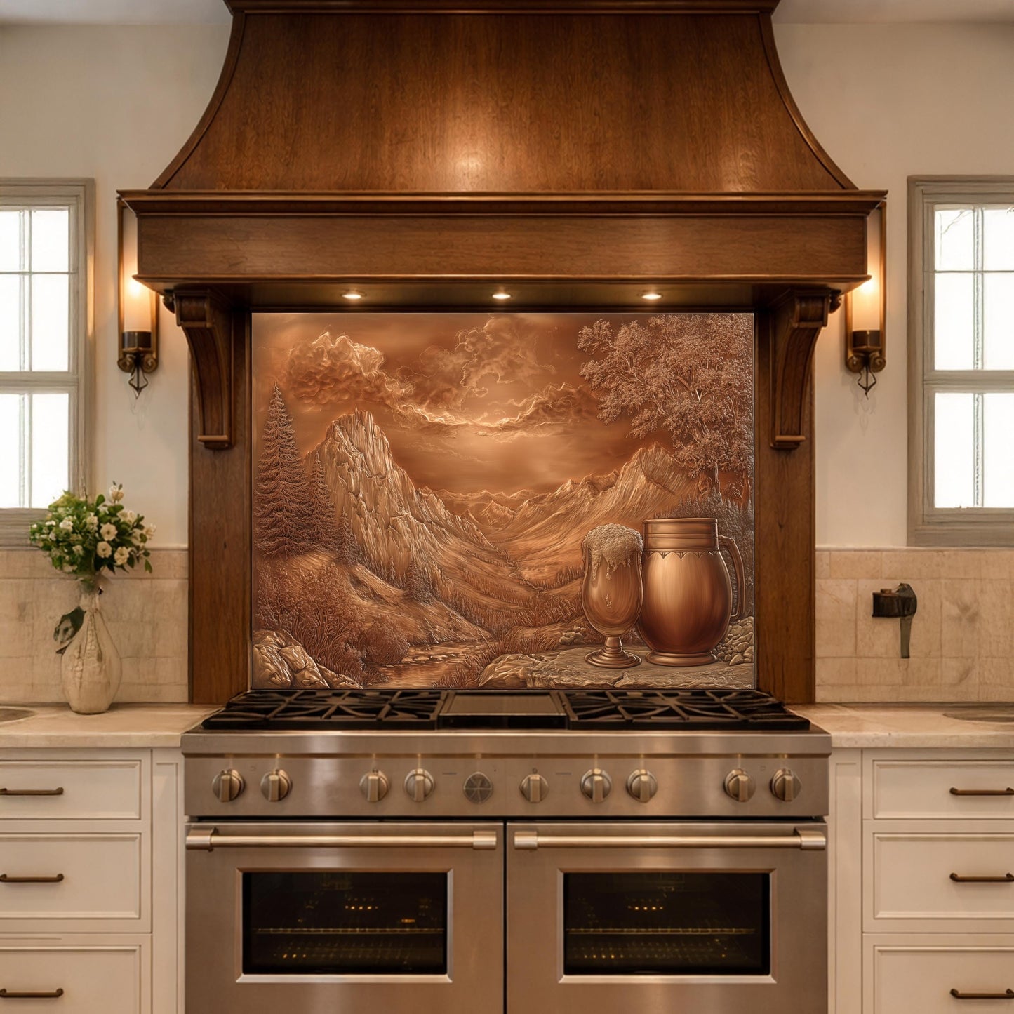 Alpine Peak Tempered Glass Backsplash, Copper Look Mountain Wall Panel, Custom Size