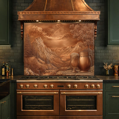 Alpine Peak Tempered Glass Backsplash, Copper Look Mountain Wall Panel, Custom Size