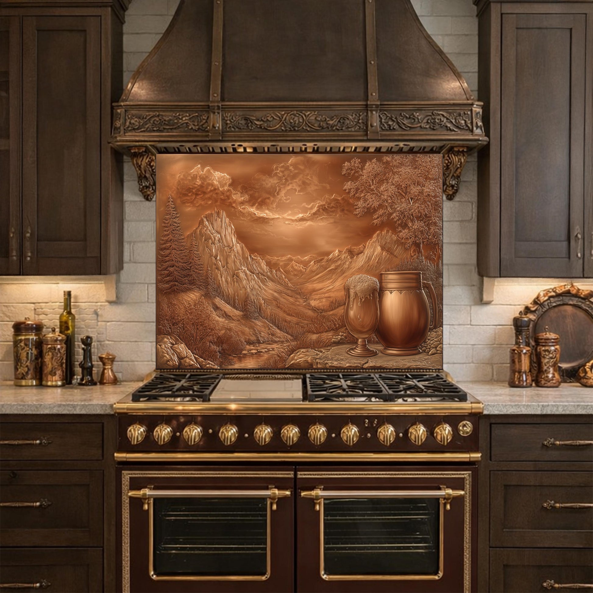 Alpine Peak Tempered Glass Backsplash, Copper Look Mountain Wall Panel, Custom Size