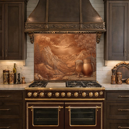 Alpine Peak Tempered Glass Backsplash, Copper Look Mountain Wall Panel, Custom Size