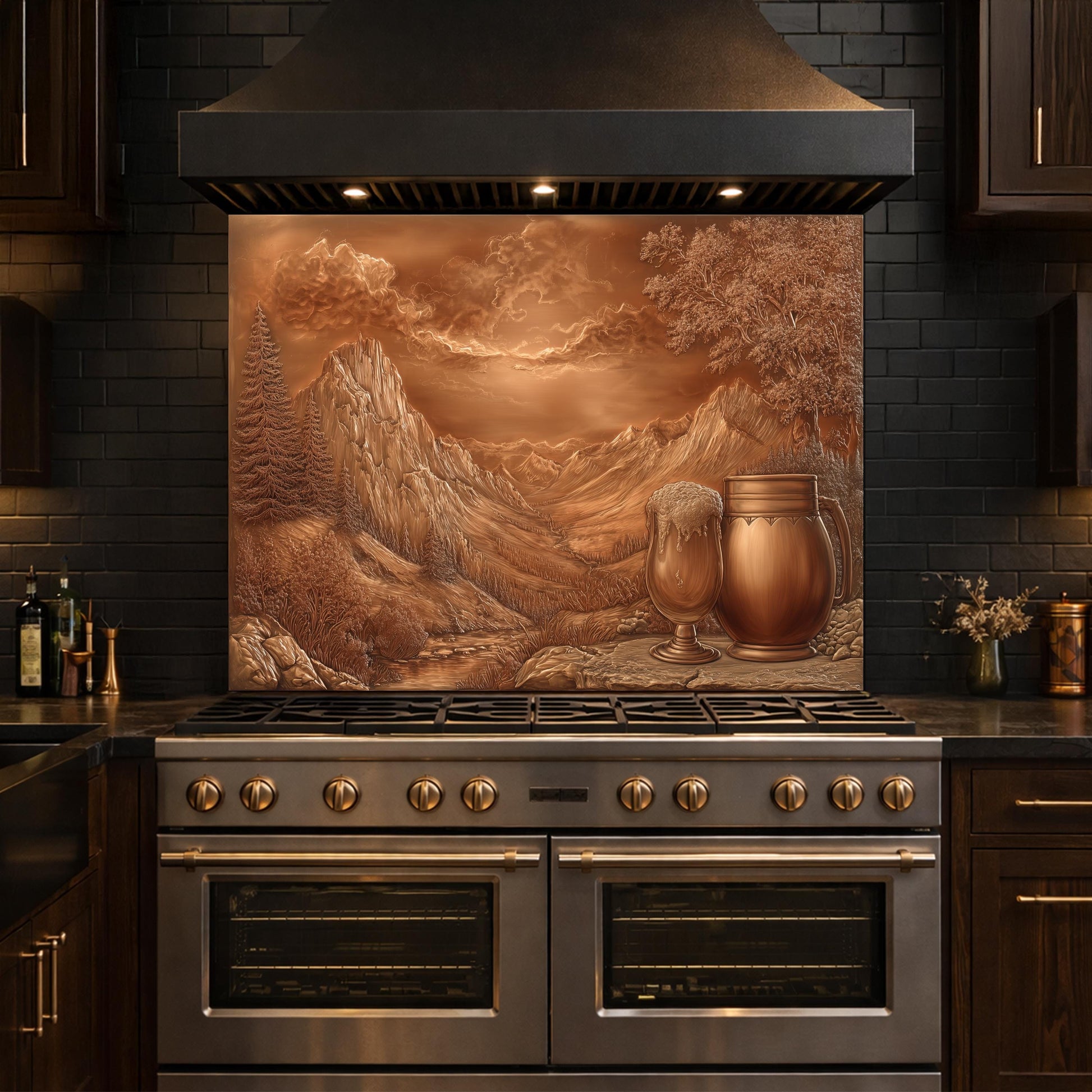 Alpine Peak Tempered Glass Backsplash, Copper Look Mountain Wall Panel, Custom Size