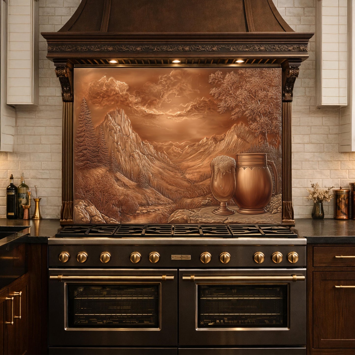 Alpine Peak Tempered Glass Backsplash, Copper Look Mountain Wall Panel, Custom Size