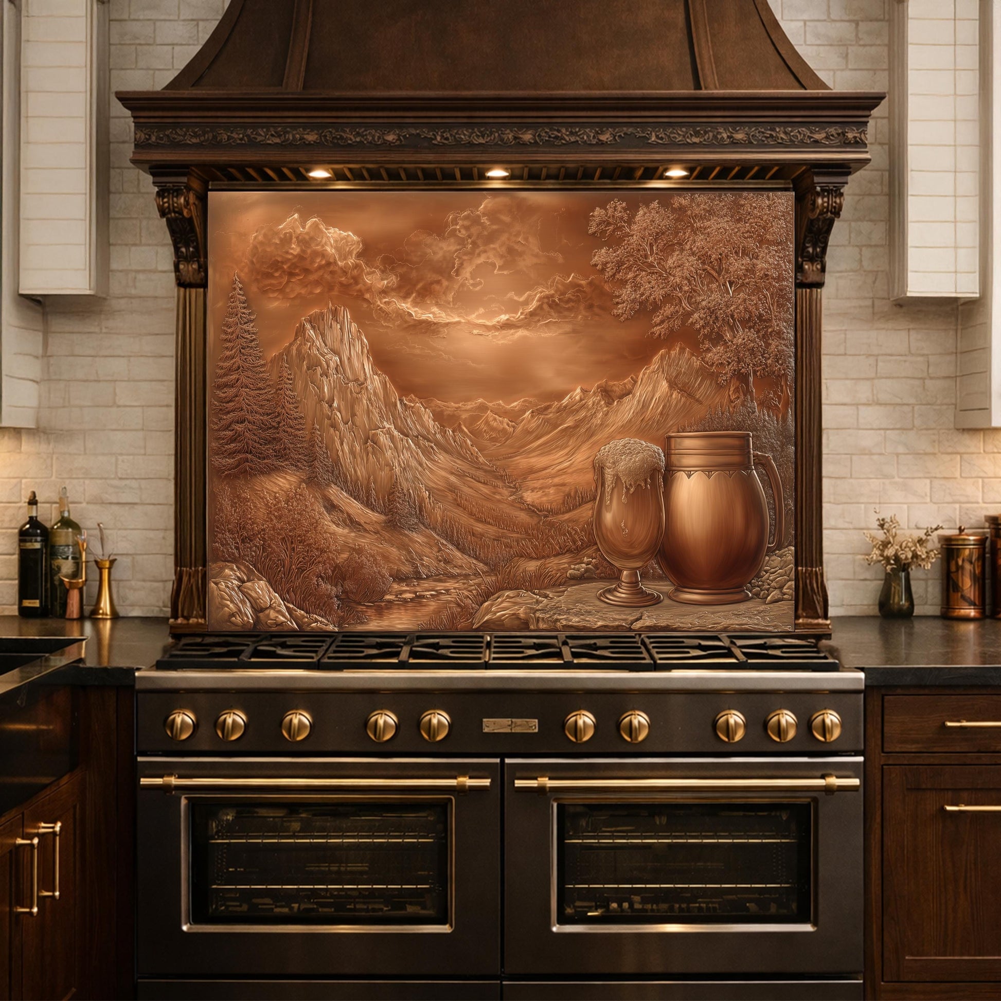 Alpine Peak Tempered Glass Backsplash, Copper Look Mountain Wall Panel, Custom Size
